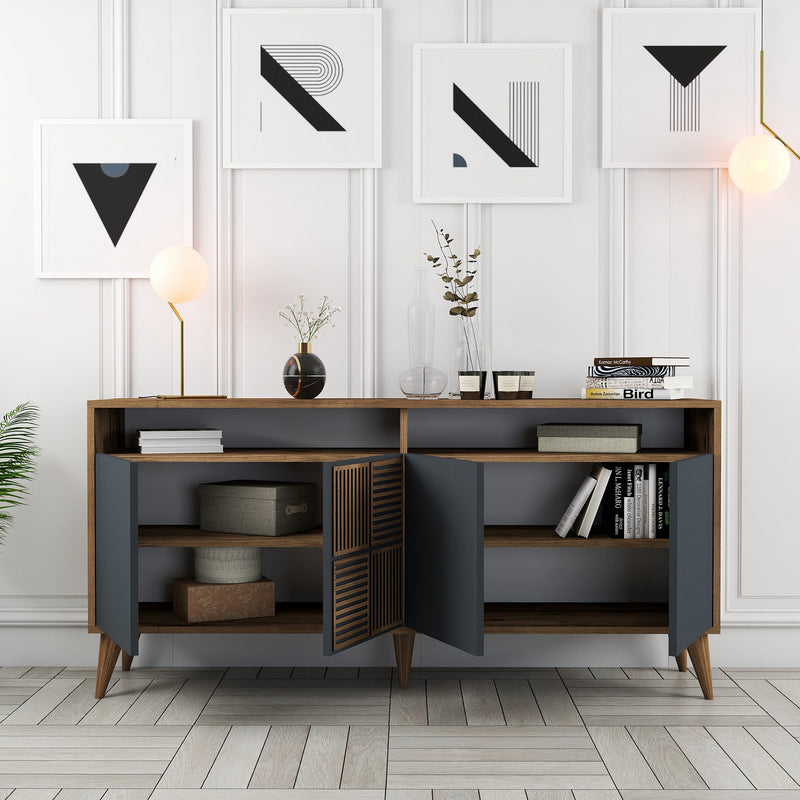 Mobile soggiorno 4 ante in legno noce e antracite con decorazione cm 160x35x78h