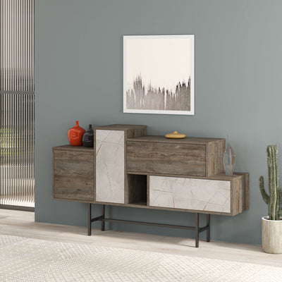 Madia moderna design asimmetrico con cassetti e ante rovere e marmo bianco cm 160x35x90h