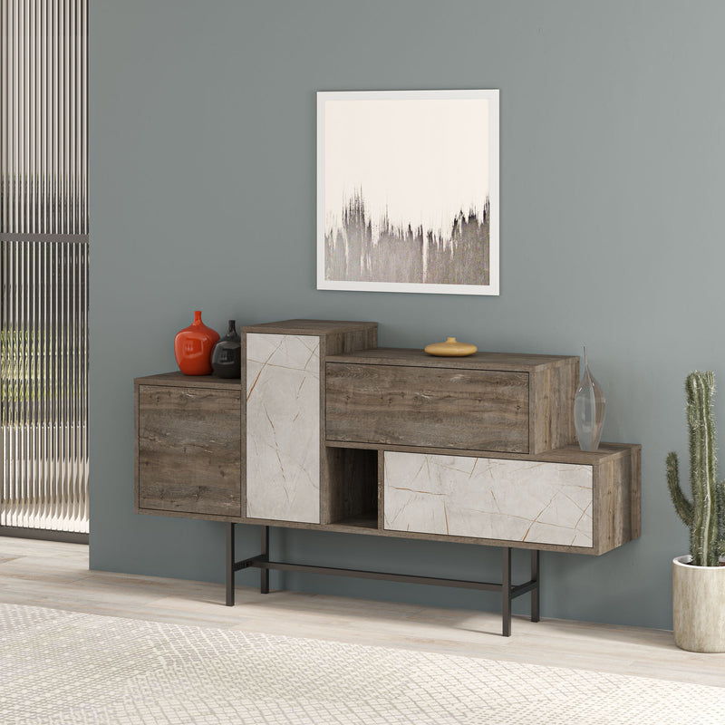 Madia moderna design asimmetrico con cassetti e ante rovere e marmo bianco cm 160x35x90h