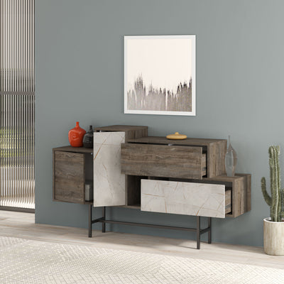 Madia moderna design asimmetrico con cassetti e ante rovere e marmo bianco cm 160x35x90h