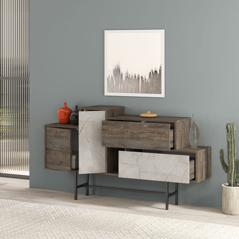 Madia moderna design asimmetrico con cassetti e ante rovere e marmo bianco cm 160x35x90h