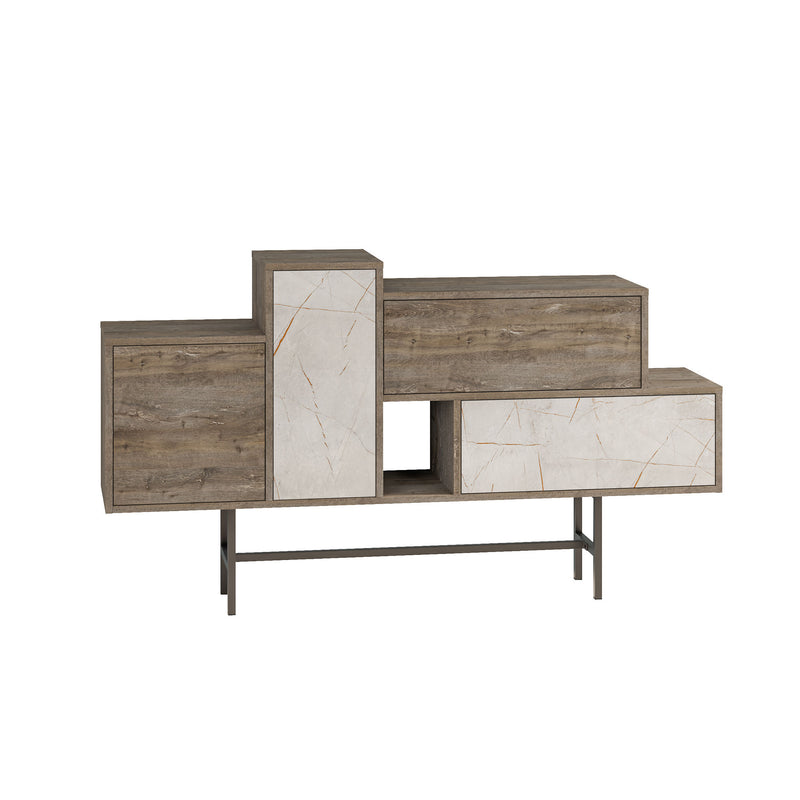 Madia moderna design asimmetrico con cassetti e ante rovere e marmo bianco cm 160x35x90h