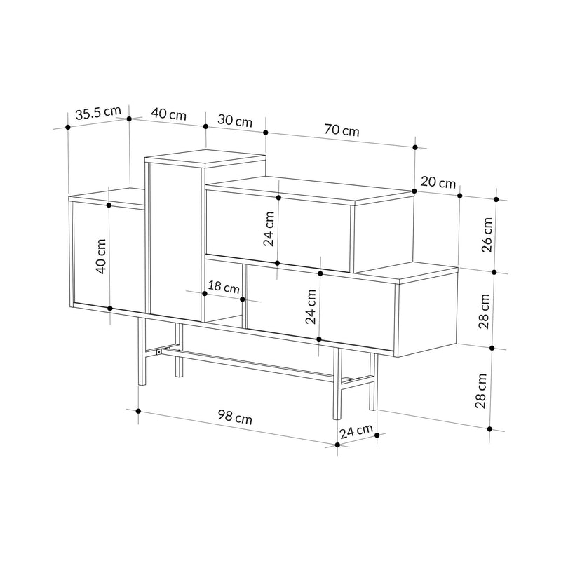 Madia moderna design asimmetrico con cassetti e ante rovere e marmo bianco cm 160x35x90h