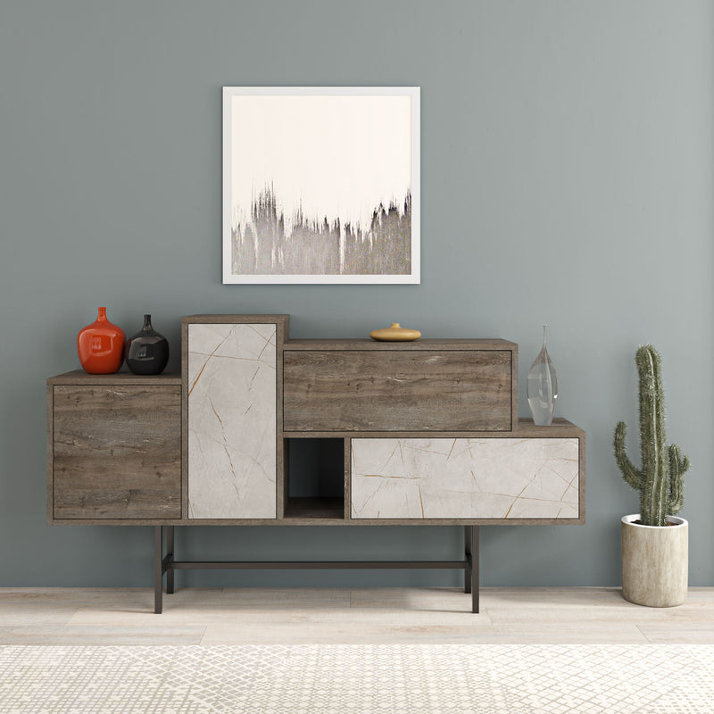 madia moderna design asimmetrico in legno rovere scuro e marmo bianco