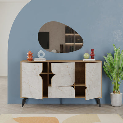 Mobile soggiorno design con ante e cassetto marmo bianco e quercia cm 140x35x79h