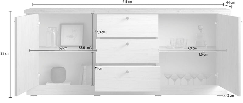 Tellim - Madia credenza country colore meringa e rovere con ante e cassetti cm 211x44x88h