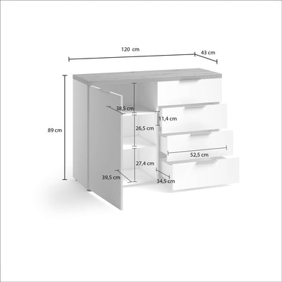 Credenza soggiorno moderna anta e cassetti bianco lucido top rovere cm 120x43x89h