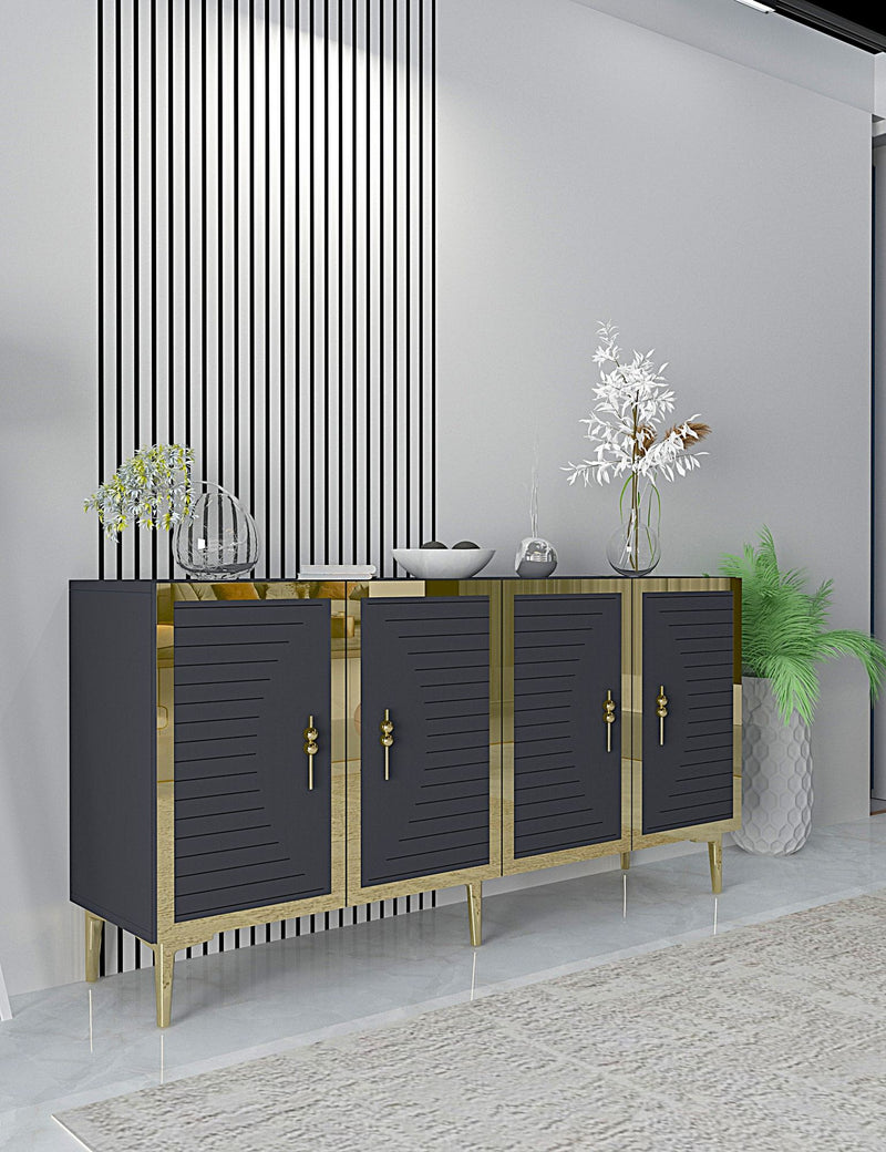 Madia moderna elegante stile glamour 4 ante con dettagli oro cm 150x32x75h - vari colori