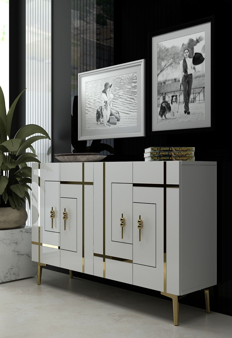 Madia moderna bianca con profili e piedini in oro 4 ante cm 120x30x80h