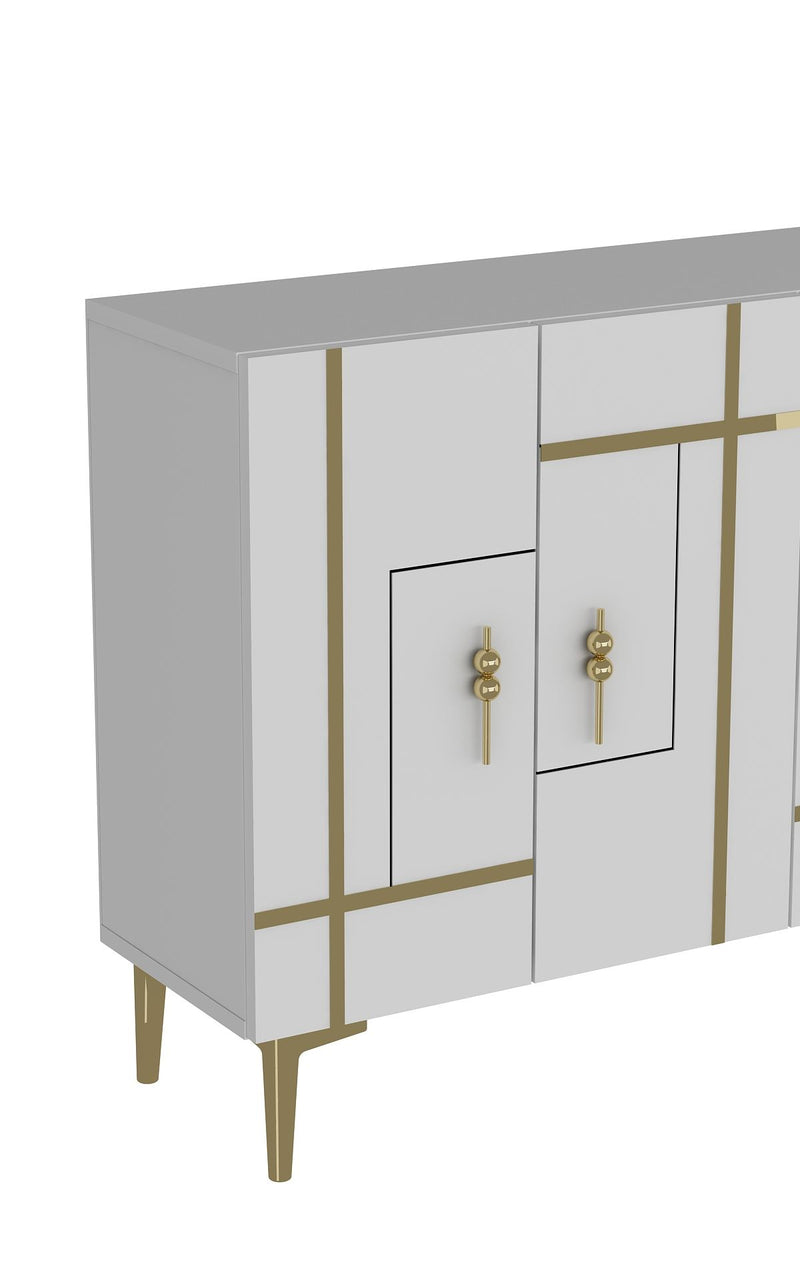 Madia moderna bianca con profili e piedini in oro 4 ante cm 120x30x80h