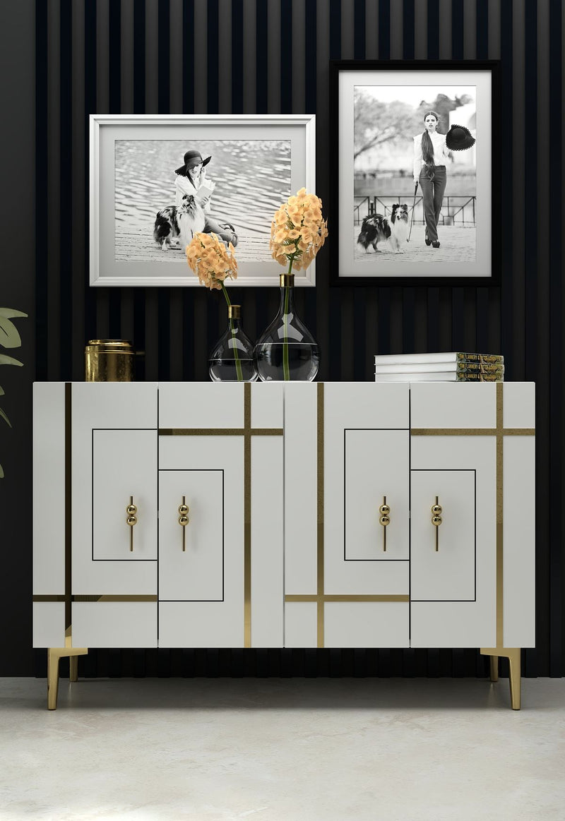 Madia moderna bianca con profili e piedini in oro 4 ante cm 120x30x80h