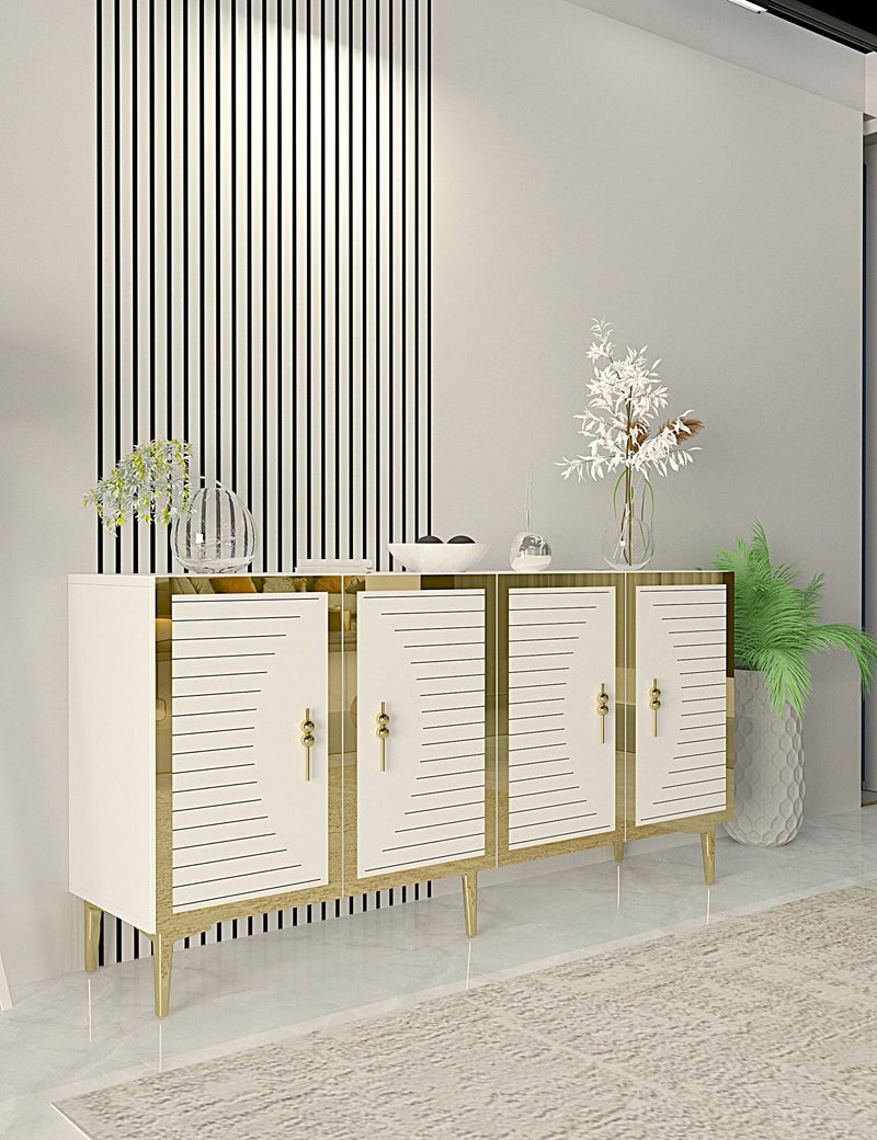 Madia moderna elegante stile glamour 4 ante con dettagli oro cm 150x32x75h - vari colori