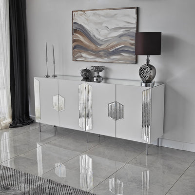 Madia moderna con piedi argento 4 ante e piano con specchio cm 180x40x80h