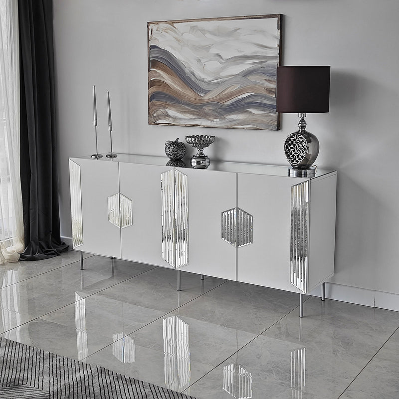Madia moderna con piedi argento 4 ante e piano con specchio cm 180x40x80h