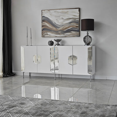 Madia moderna con piedi argento 4 ante e piano con specchio cm 180x40x80h