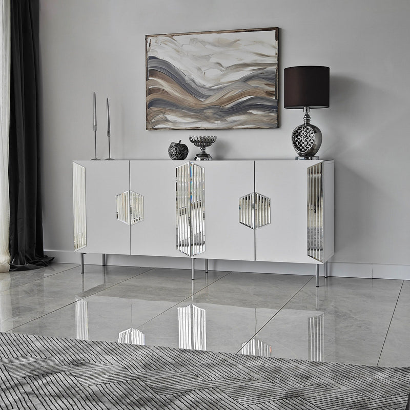 Madia moderna con piedi argento 4 ante e piano con specchio cm 180x40x80h