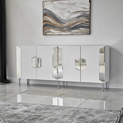 Madia moderna con piedi argento 4 ante e piano con specchio cm 180x40x80h