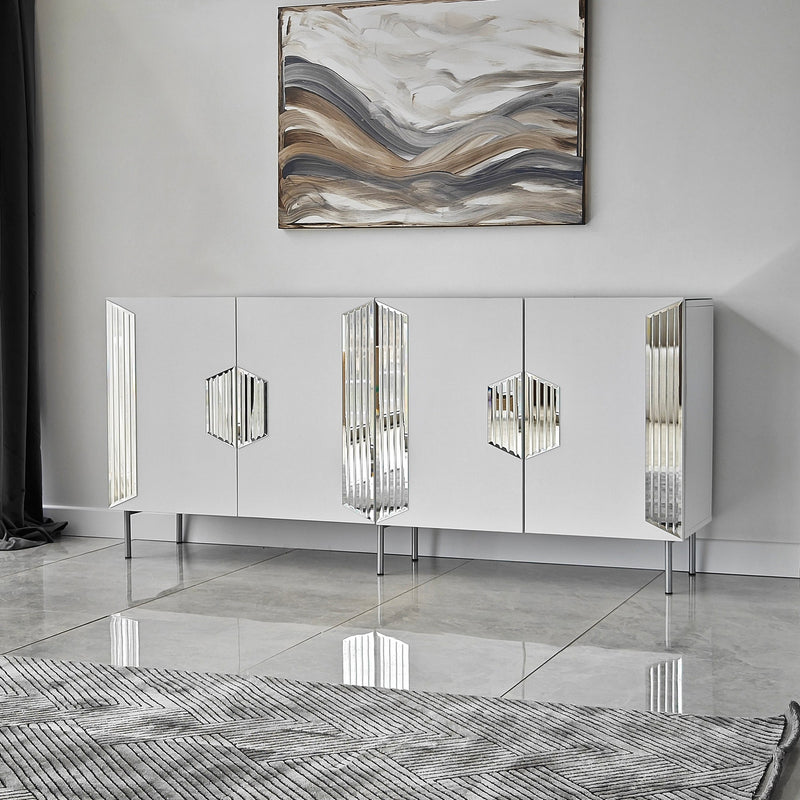 Madia moderna con piedi argento 4 ante e piano con specchio cm 180x40x80h