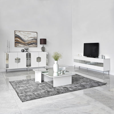 Madia moderna con piedi argento 4 ante e piano con specchio cm 180x40x80h
