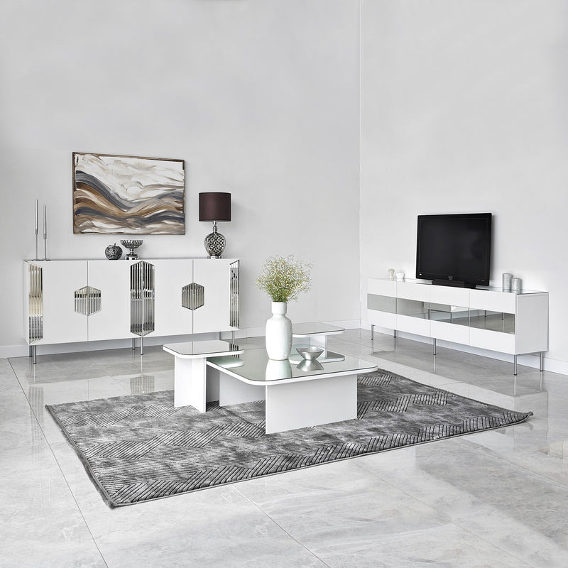 Madia moderna con piedi argento 4 ante e piano con specchio cm 180x40x80h