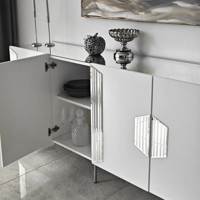Madia moderna con piedi argento 4 ante e piano con specchio cm 180x40x80h