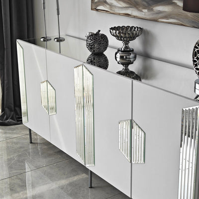 Madia moderna con piedi argento 4 ante e piano con specchio cm 180x40x80h