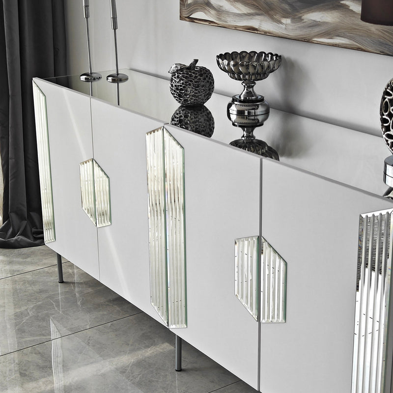 Madia moderna con piedi argento 4 ante e piano con specchio cm 180x40x80h
