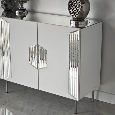 Madia moderna con piedi argento 4 ante e piano con specchio cm 180x40x80h