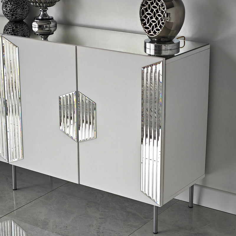 Madia moderna con piedi argento 4 ante e piano con specchio cm 180x40x80h