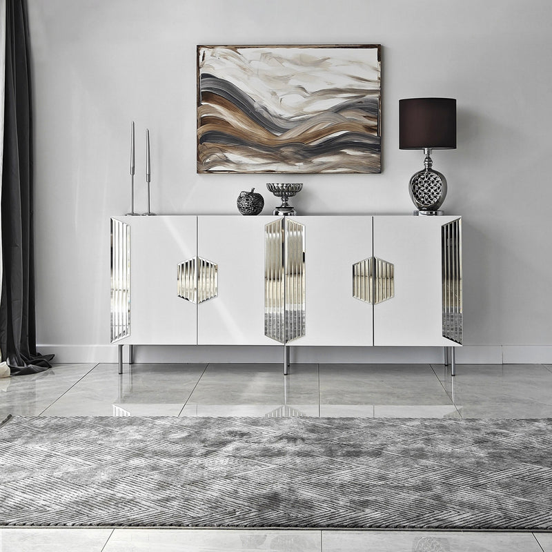 Madia moderna con piedi argento 4 ante e piano con specchio cm 180x40x80h