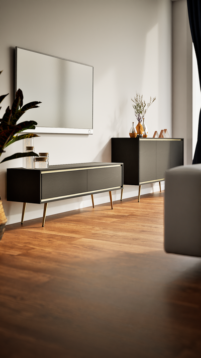 Madia moderna con 3 ante colore grafite inserti e gambe oro cm 150x40x80h