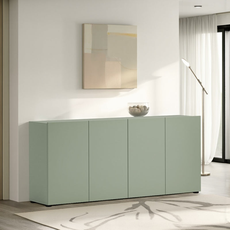 Madia moderna design minimal 4 ante colore verde salvia laccato opaco cm 180x38x79h