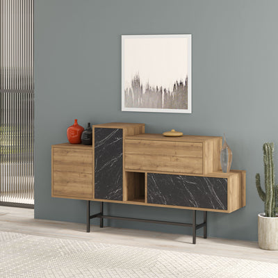 Madia design asimmetrica con ante e cassetti quercia e marmo nero cm 160x35x90h