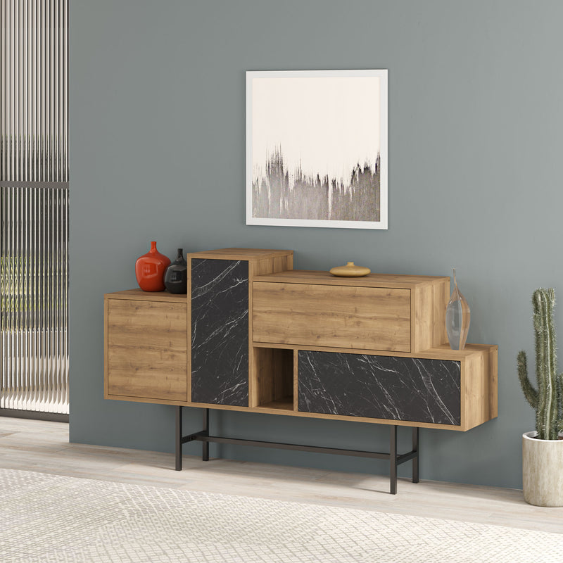 Madia design asimmetrica con ante e cassetti quercia e marmo nero cm 160x35x90h