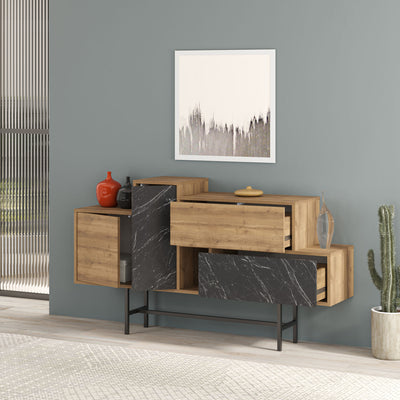Madia design asimmetrica con ante e cassetti quercia e marmo nero cm 160x35x90h