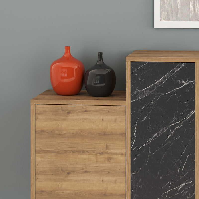Madia design asimmetrica con ante e cassetti quercia e marmo nero cm 160x35x90h