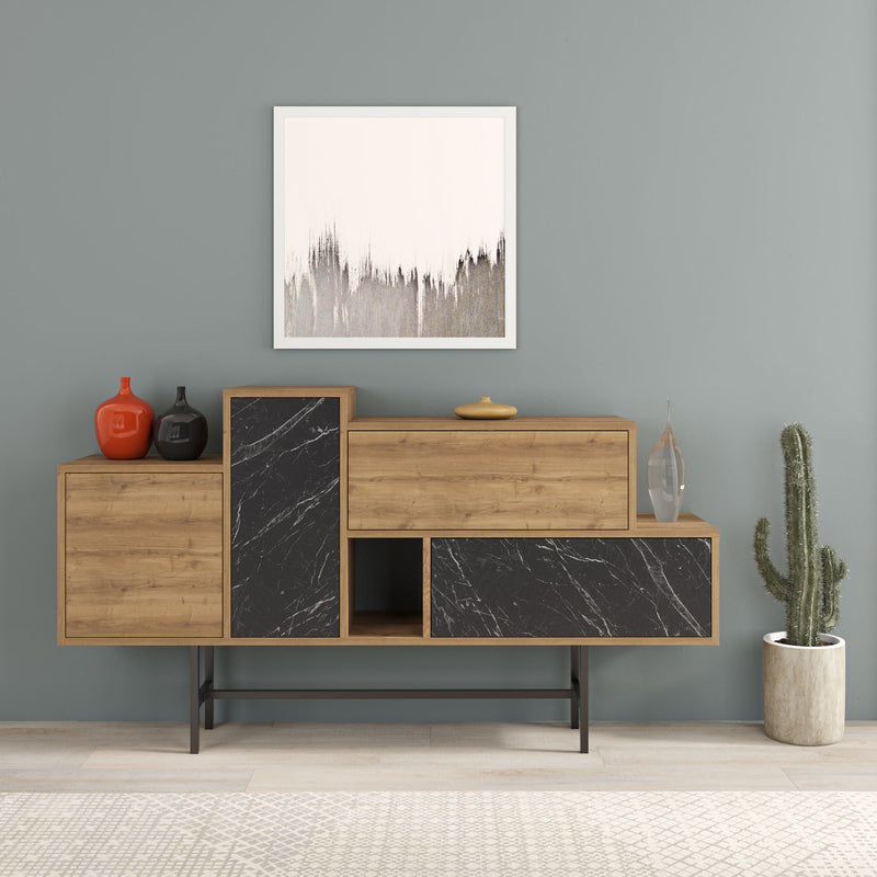 Madia design asimmetrica con ante e cassetti quercia e marmo nero cm 160x35x90h