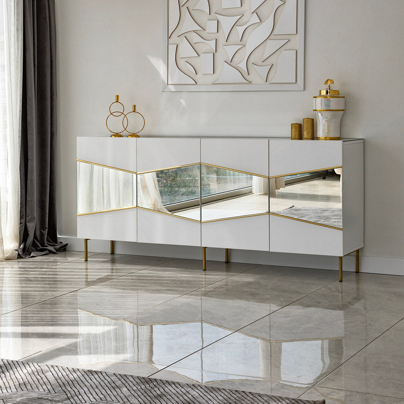 Madia moderna colore bianco 4 ante con inserto oro e specchio cm 180x40x80h