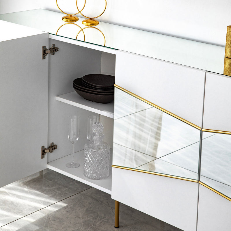 Madia moderna colore bianco 4 ante con inserto oro e specchio cm 180x40x80h