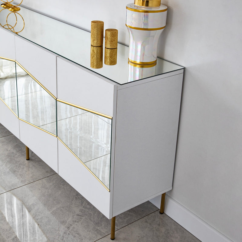 Madia moderna colore bianco 4 ante con inserto oro e specchio cm 180x40x80h