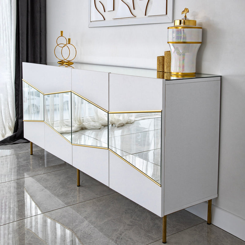 Madia moderna colore bianco 4 ante con inserto oro e specchio cm 180x40x80h