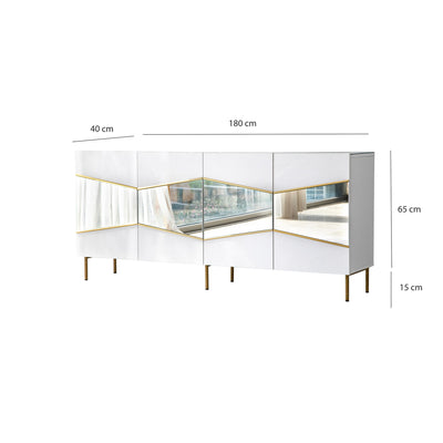 Madia moderna colore bianco 4 ante con inserto oro e specchio cm 180x40x80h