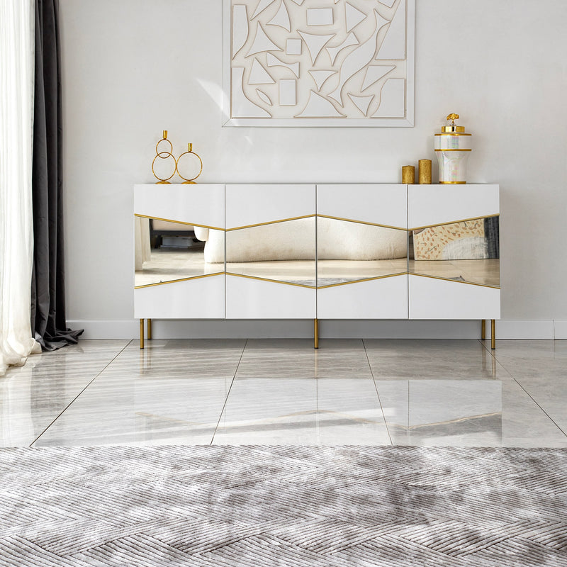 Madia moderna colore bianco 4 ante con inserto oro e specchio cm 180x40x80h