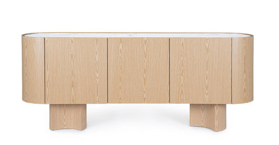 Madia con lati curvi stile moderno in legno chiaro e piano in pietra 3 ante cm 200x45x80h