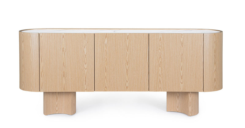 Madia con lati curvi stile moderno in legno chiaro e piano in pietra 3 ante cm 200x45x80h