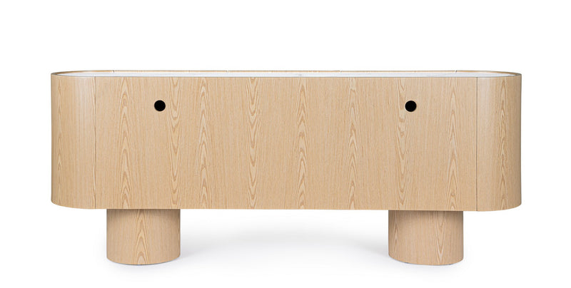 Madia con lati curvi stile moderno in legno chiaro e piano in pietra 3 ante cm 200x45x80h