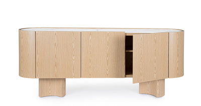 Madia con lati curvi stile moderno in legno chiaro e piano in pietra 3 ante cm 200x45x80h