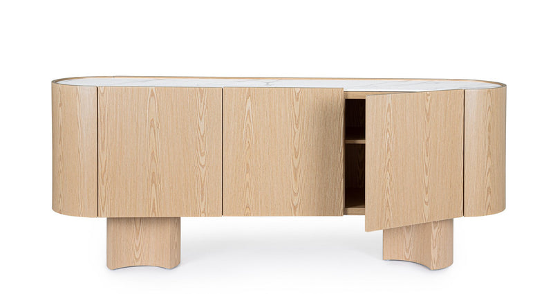 Madia con lati curvi stile moderno in legno chiaro e piano in pietra 3 ante cm 200x45x80h