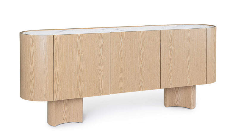 Madia con lati curvi stile moderno in legno chiaro e piano in pietra 3 ante cm 200x45x80h