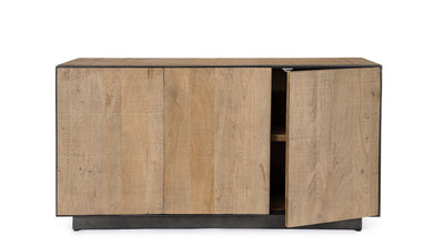 Madia moderna lineare in legno di mango colore quercia profili in acciaio cm 150x44x80h